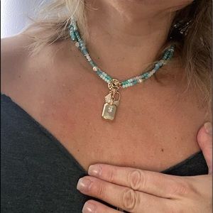 Turquoise bead necklace-heart lock & stone charms